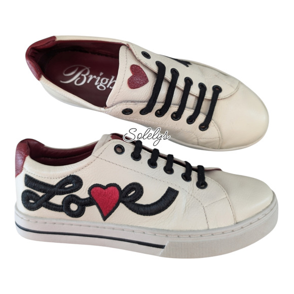 Brighton Love Me White Red Black Heart Leather Embroidered Sneakers Womens 5 - Picture 1 of 10